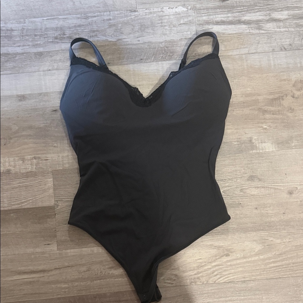 SKIMS Black Lace-Trim Slip Bodysuit